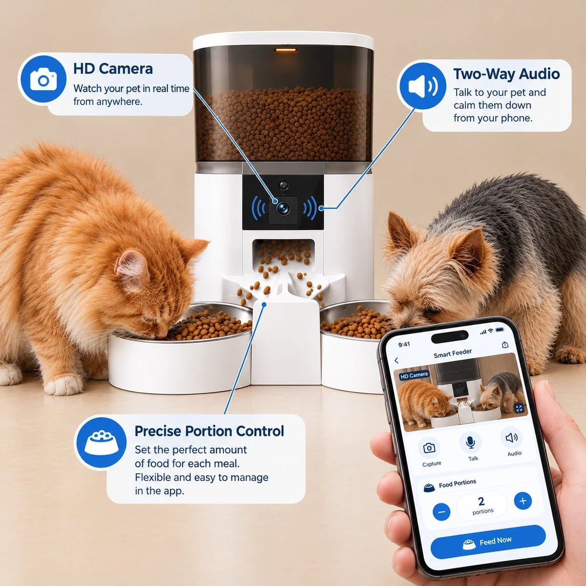 SmartBowl Duo in white feeding a cat and a small dog, with HD camera, two-way audio and portion control