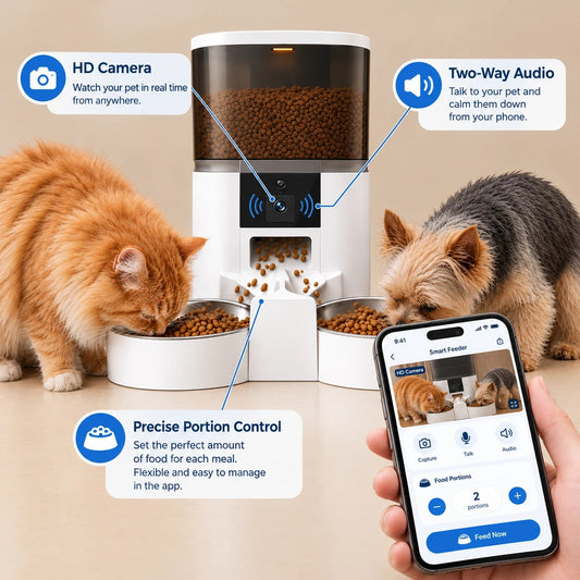 SmartBowl Duo in white feeding a cat and a small dog, with HD camera, two-way audio and portion control